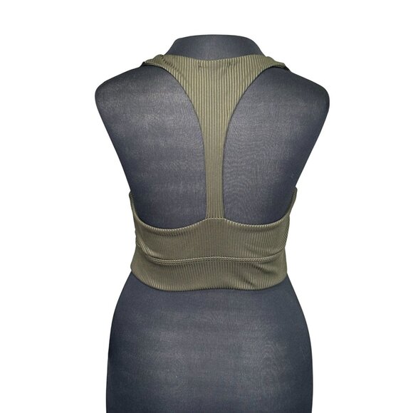 Olive Green Ribbed Racerback Crop Top By Forever 21 - Medium Size - Picture 2 of 5